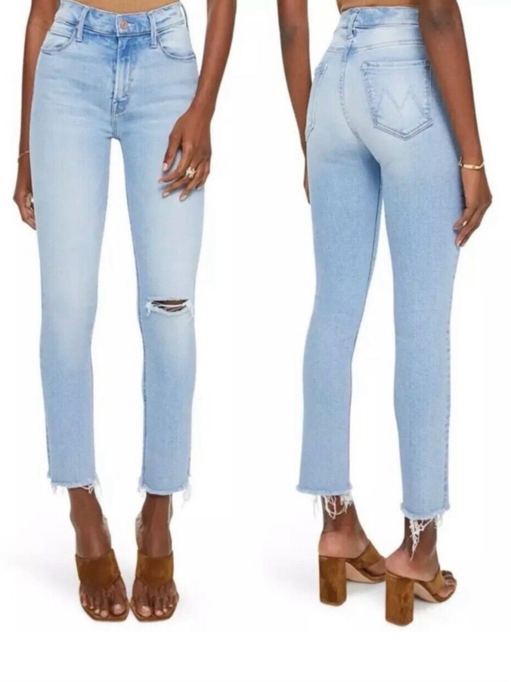 MOTHER Light Blue High-Rise Ankle Jeans with Raw Hem